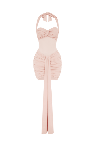 Vestido VIVIANA rosa claro con lazo halter, frunces y abertura