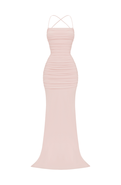 Vestido largo ZARIA rosa claro con tirantes cruzados en la espalda y falda entallada