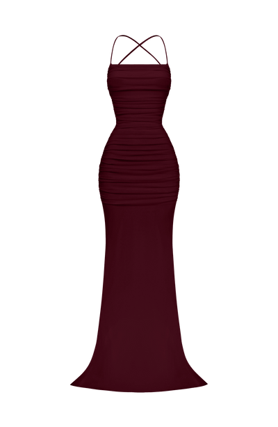 Vestido sirena burdeos sin modelo, espalda con tirantes cruzados y lazo superior