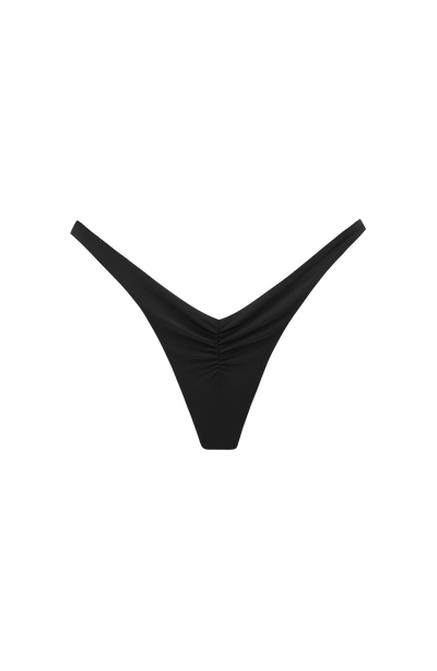 Braga de bikini negra tipo tanga, frontal, con tiras finas cruzadas
