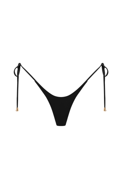 Braga de bikini negra minimalista con lazos ajustables y detalle frontal.