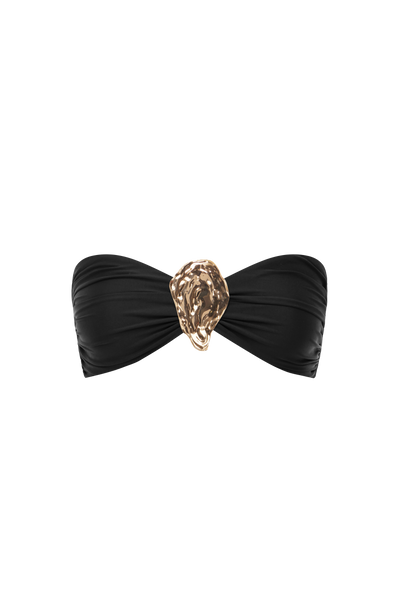 Top de bikini bandeau negro con adorno dorado central tipo gota