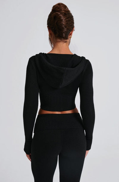 Sudadera negra corta de punto con capucha, vista trasera