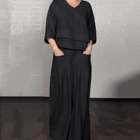 Laura - Conjunto de dos piezas de algodón y lino con dobladillo