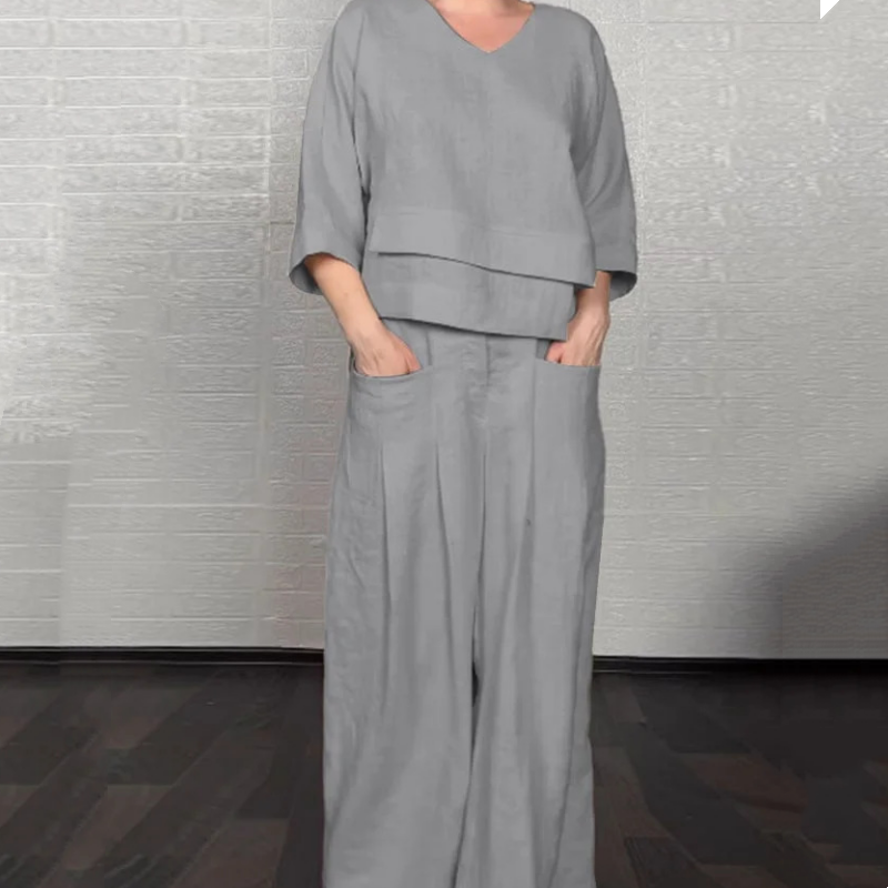 Laura - Conjunto de dos piezas de algodón y lino con dobladillo